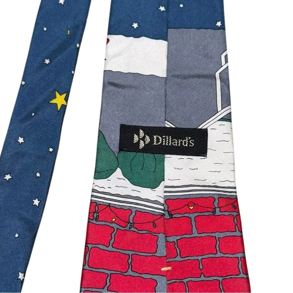 Vintage Dillards Mens Necktie 100% Silk Tie Christmas Santa Claus Bricks Caroler